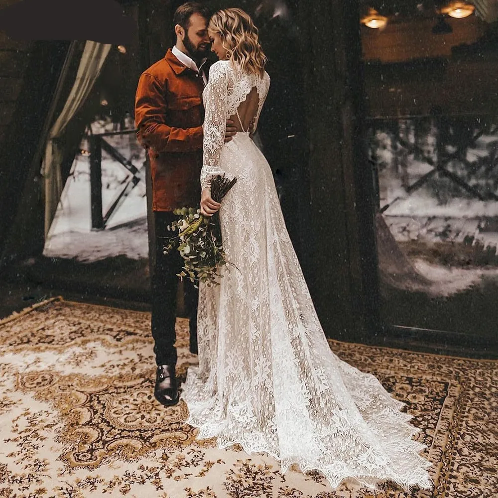 Long Sleeve Lace V Neck Boho Wedding Dress