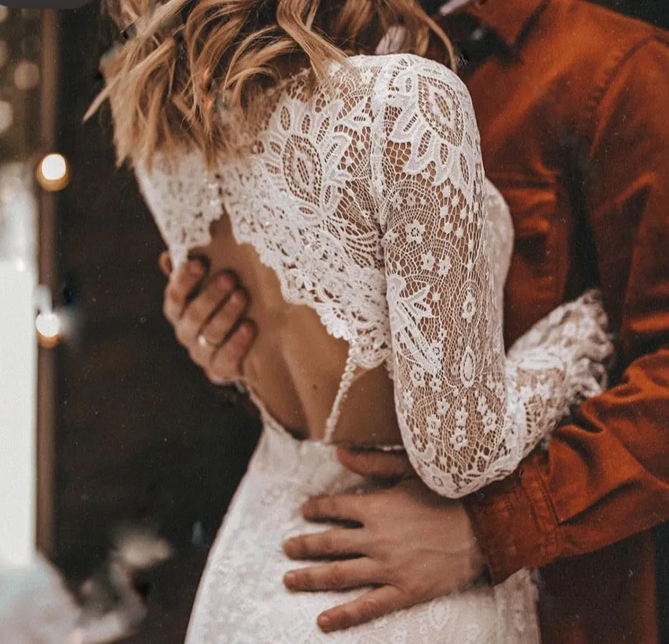 Long Sleeve Lace V Neck Boho Wedding Dress