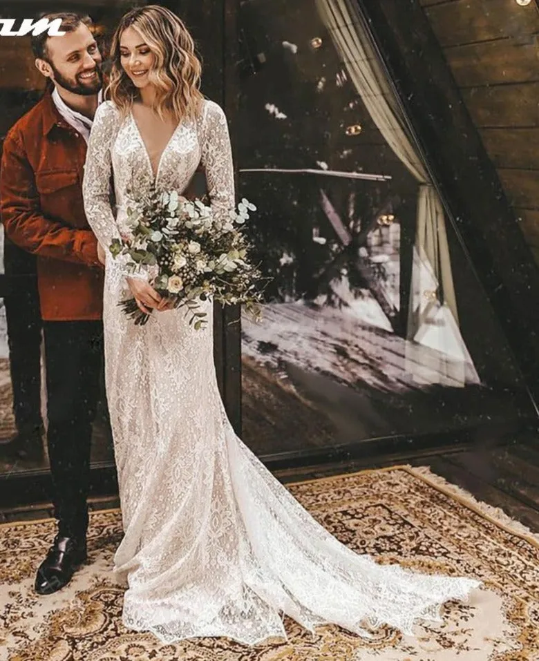 Long Sleeve Lace V Neck Boho Wedding Dress