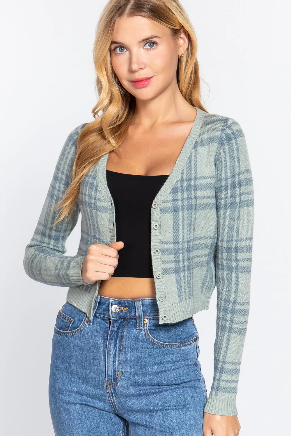 Long Sleeve V-neck Fitted Button Down Plaid Sweater Cardigan