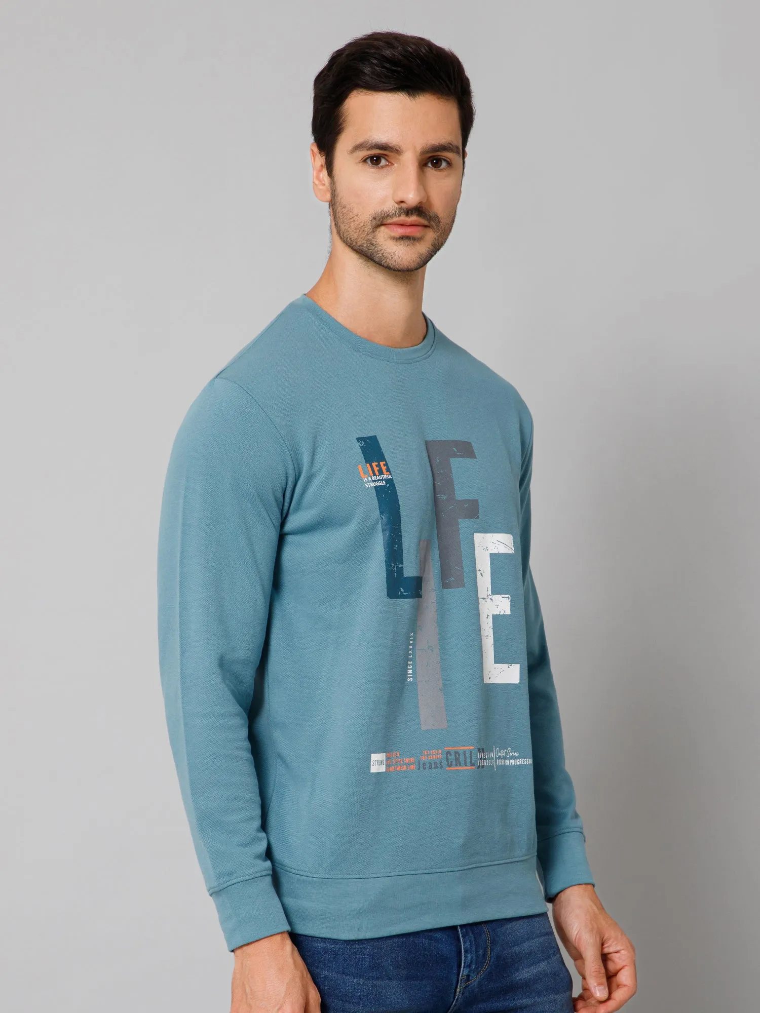 Men Blue Typographic Printed Full Sleeves Round Neck Casual T-Shirt