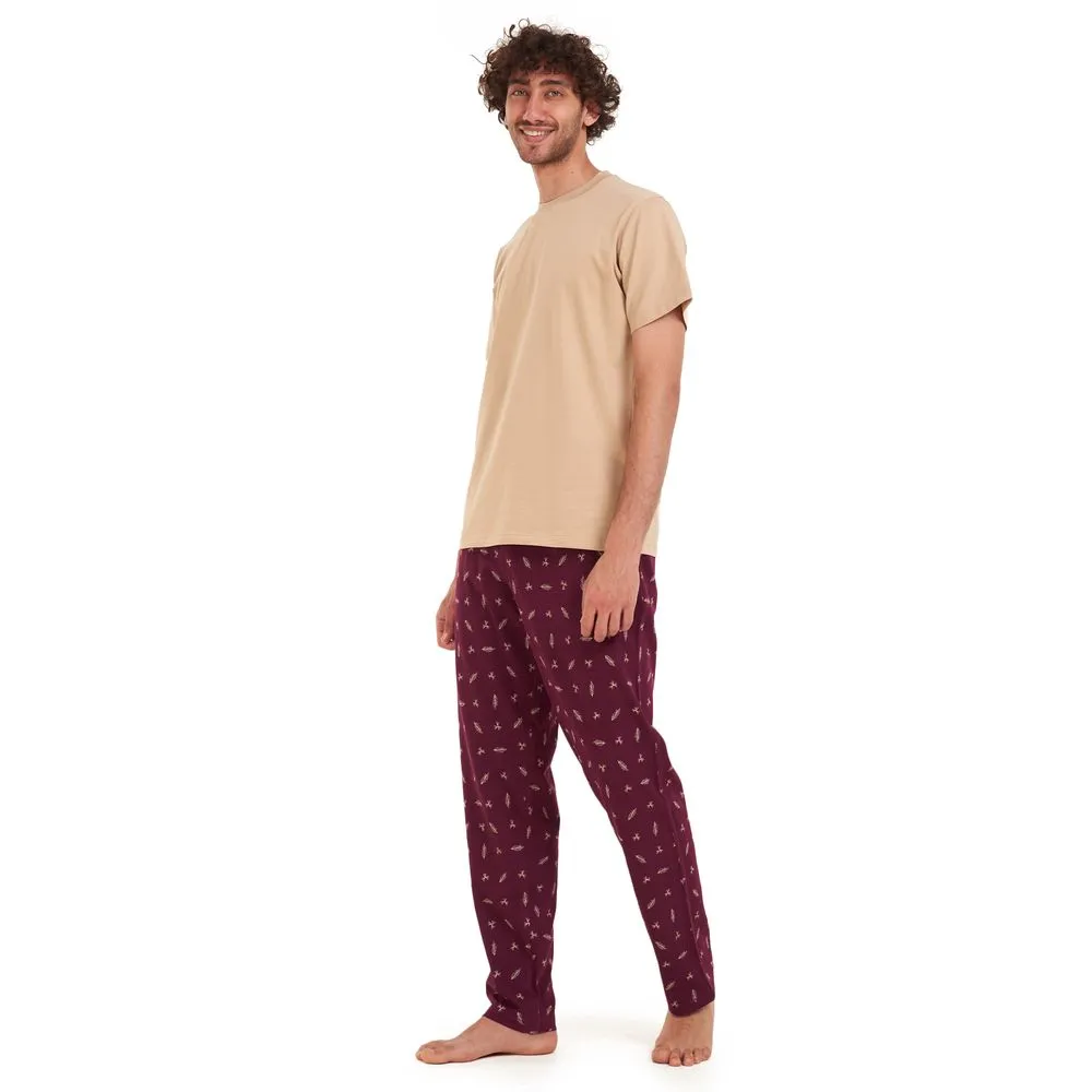 Men summer pajama set Beige t-shirt  Maroon leaves Pants