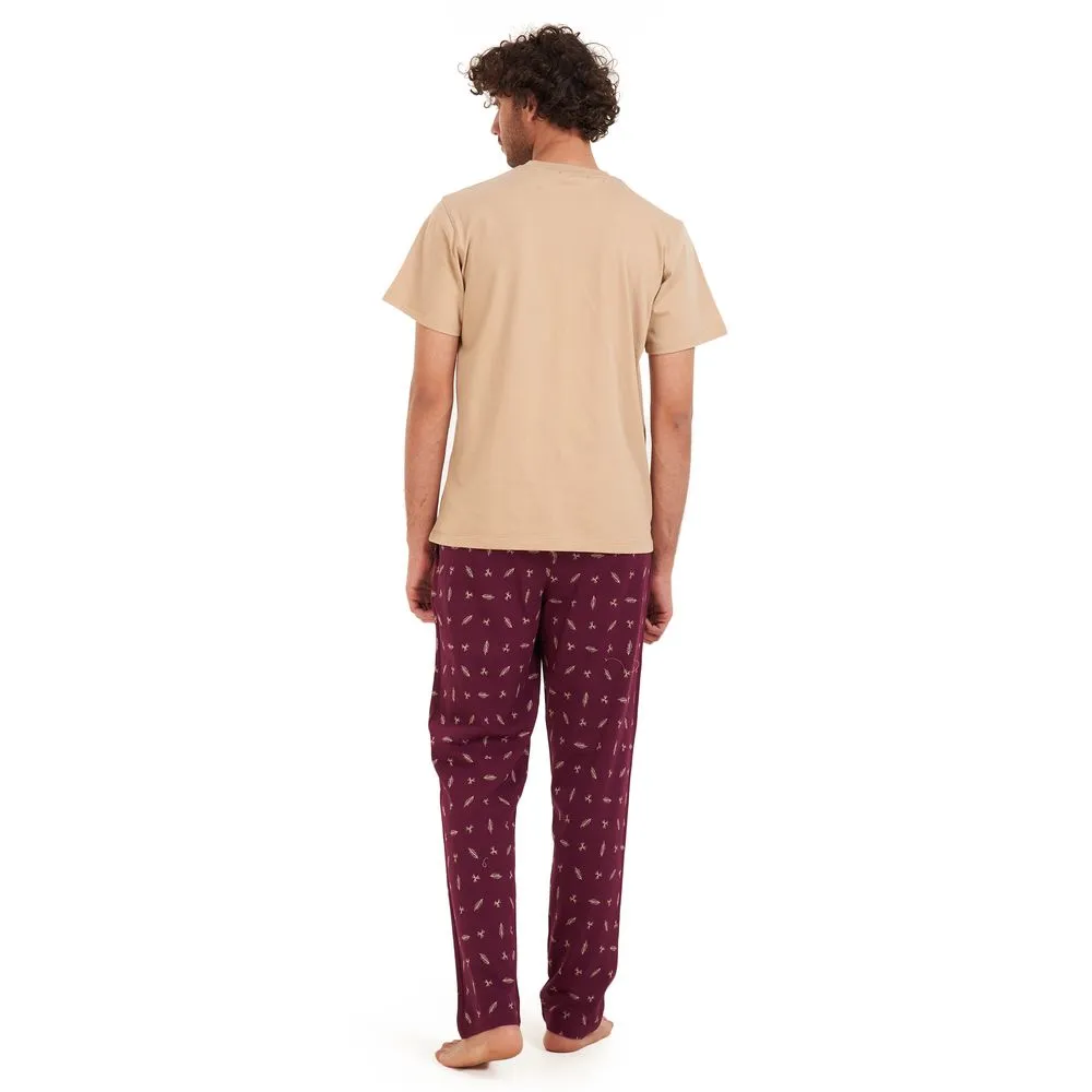 Men summer pajama set Beige t-shirt  Maroon leaves Pants