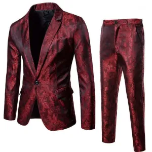 Men's Elegant Jacquard Suit Jacket and Trouser Set for Formal Events