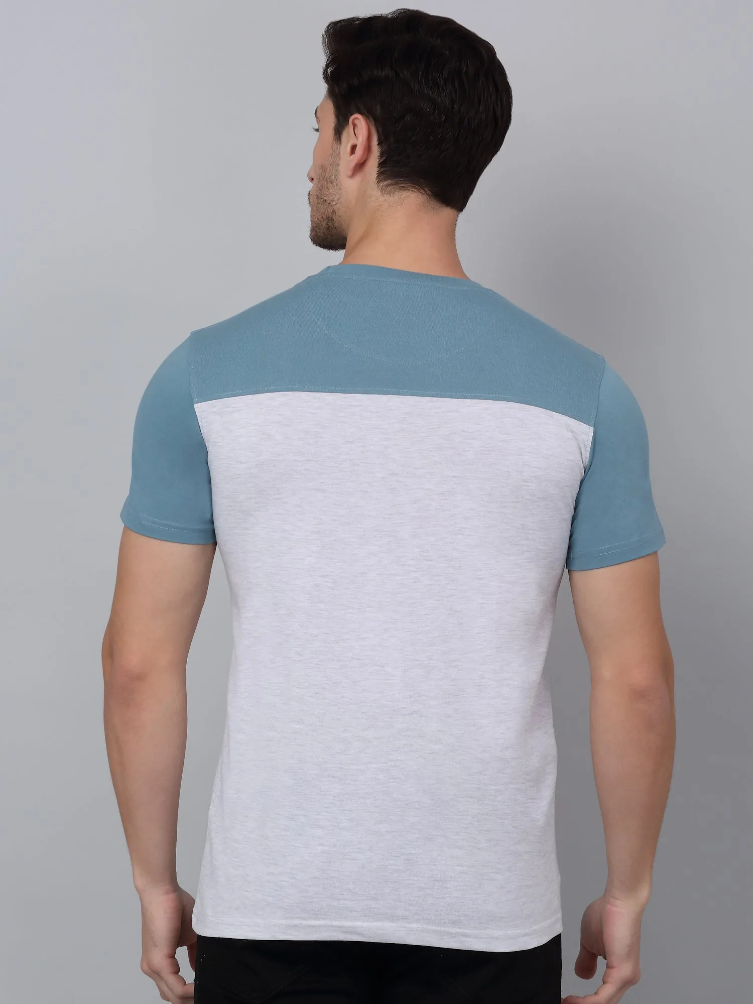 Men's Teal Blue Color Block Round Neck T-shirt