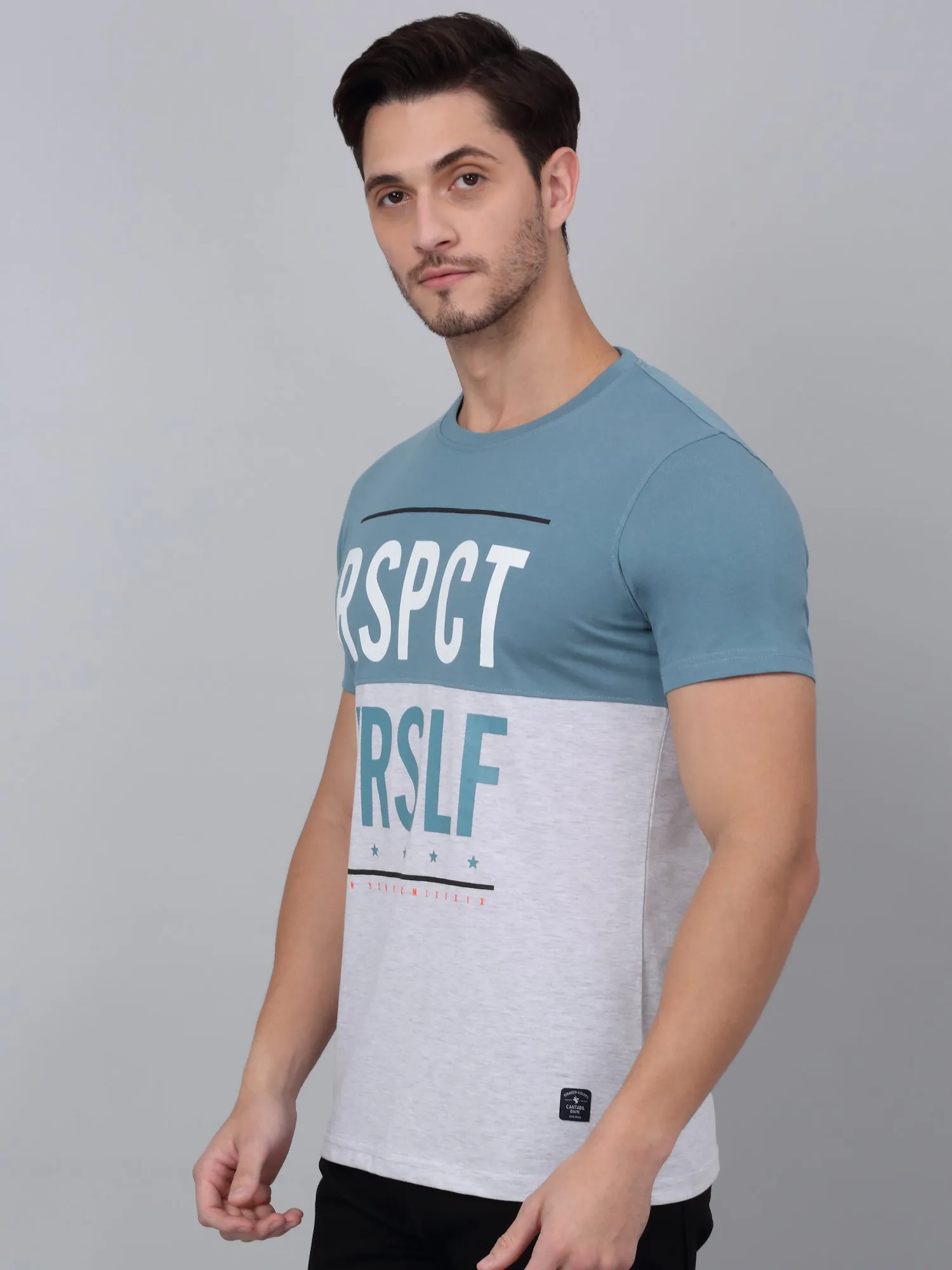 Men's Teal Blue Color Block Round Neck T-shirt