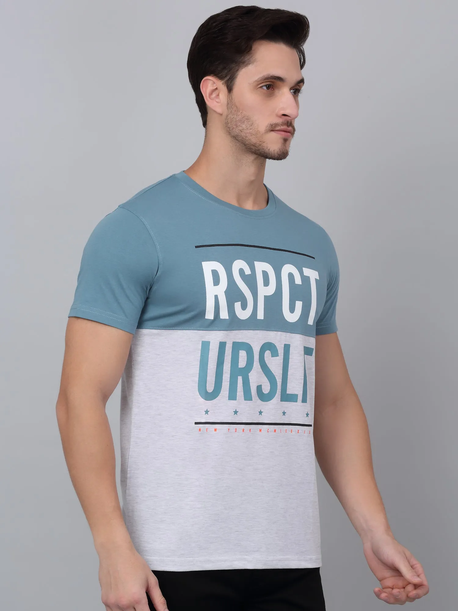 Men's Teal Blue Color Block Round Neck T-shirt