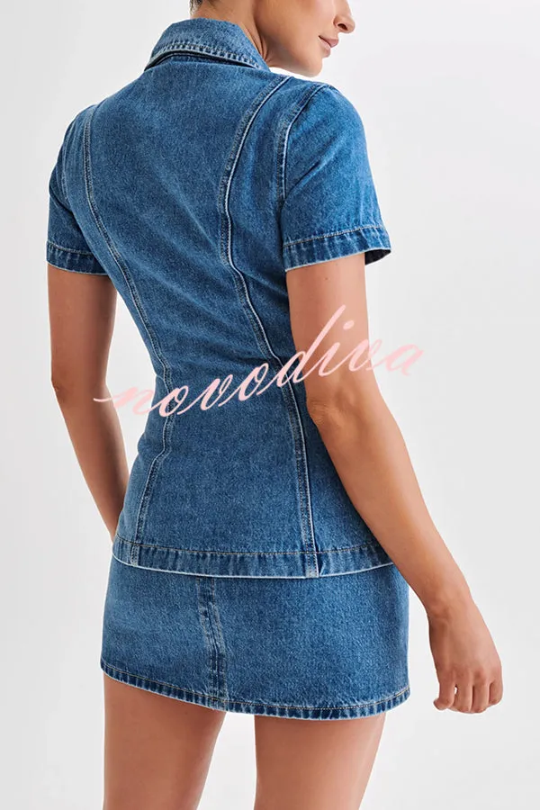 Modern Flavor Denim Short Sleeve Button Up Princess Seams Stretch Top