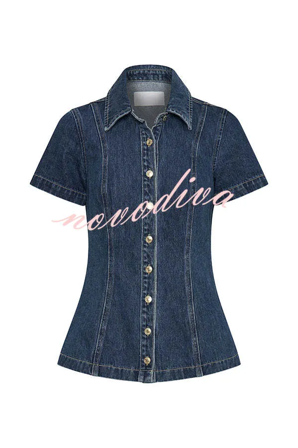 Modern Flavor Denim Short Sleeve Button Up Princess Seams Stretch Top