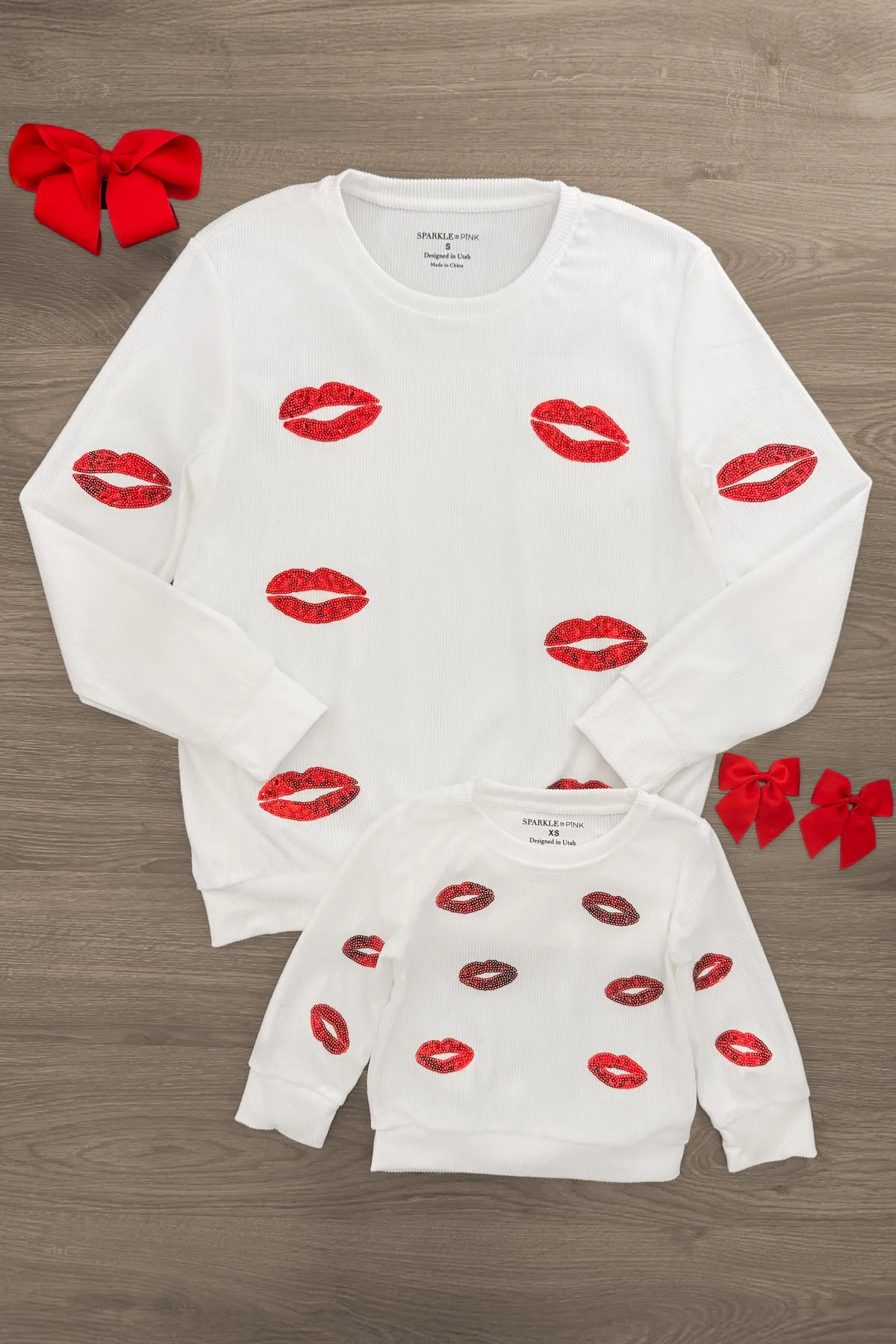 Mom & Me - White Sequin Lipstick Kiss Top