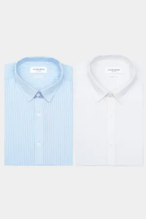 Pack of 2 Formal Shirts - Sky Blue Striped & Off White Textured