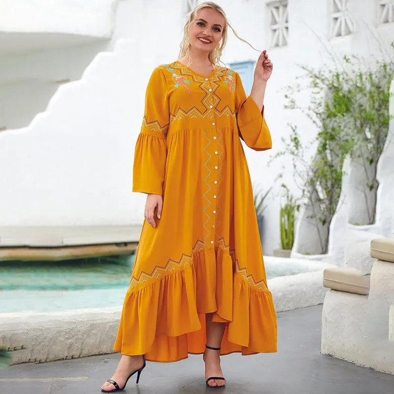 Plus Size Long Sleeves Embroidery Ruffles Maxi Boho Dress