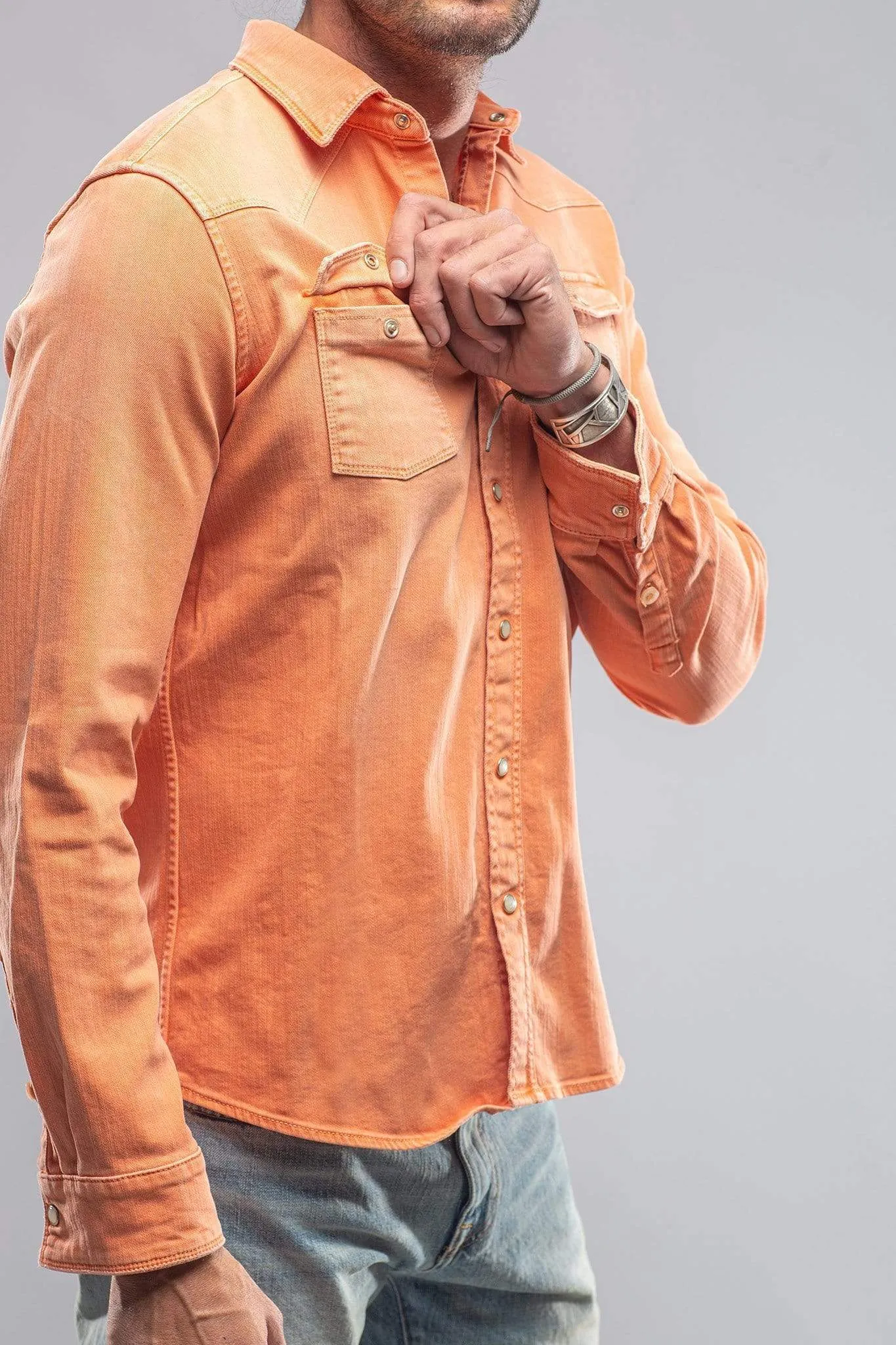 Ranger Colored Denim Snap Shirt In Tangerine