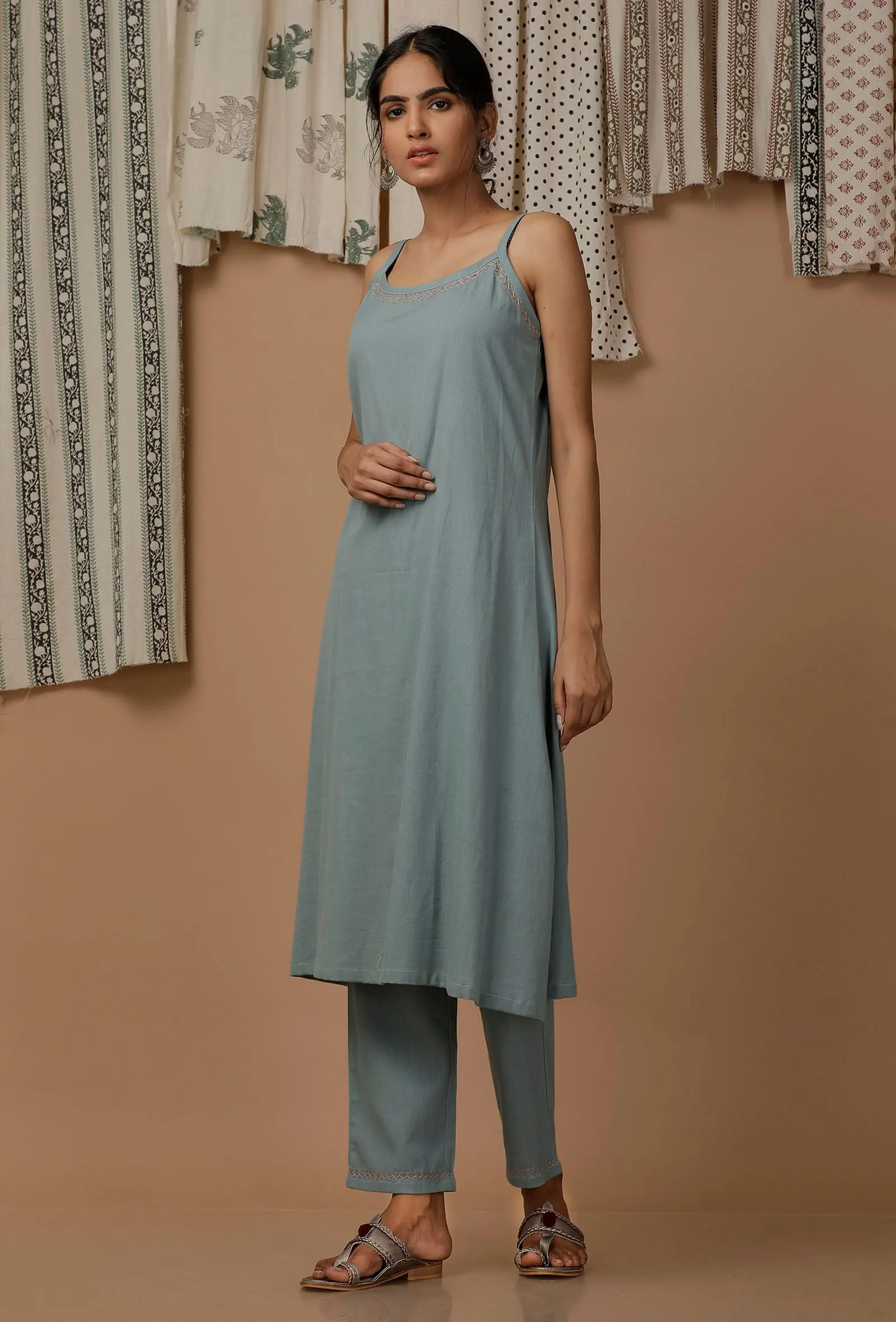 Set of 3 : Off White Floral Handblock Cotton Flex Cape and Powdered Blue Cotton Slip and Cotton Pants