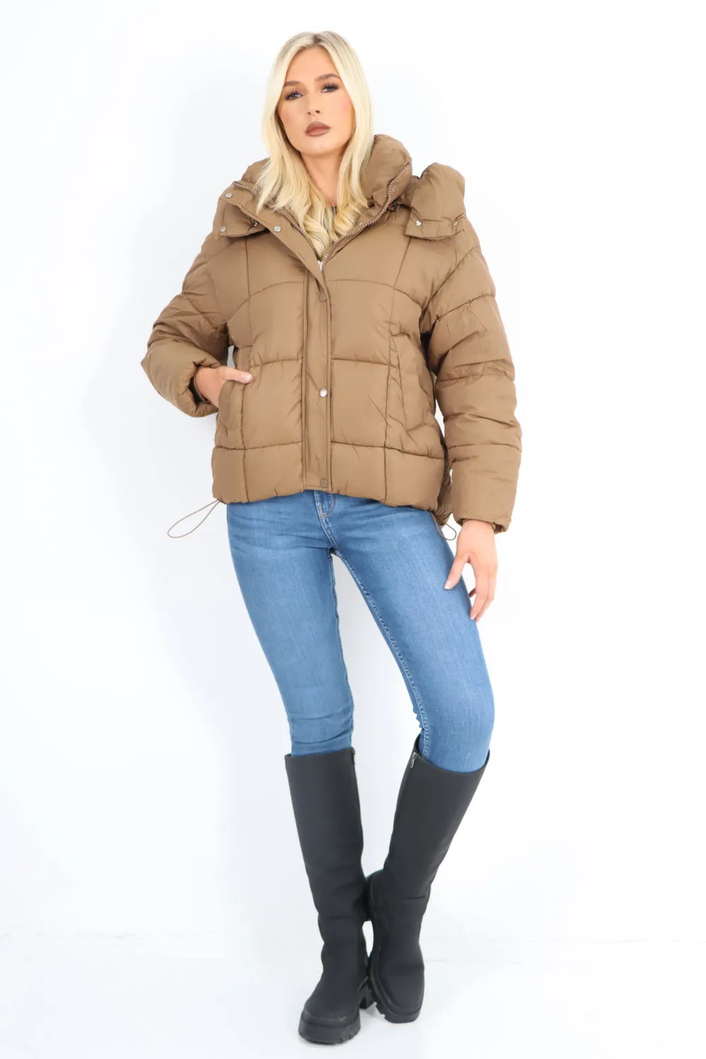 Side Pocket Padded Hooded Long Sleeve Short Jacket