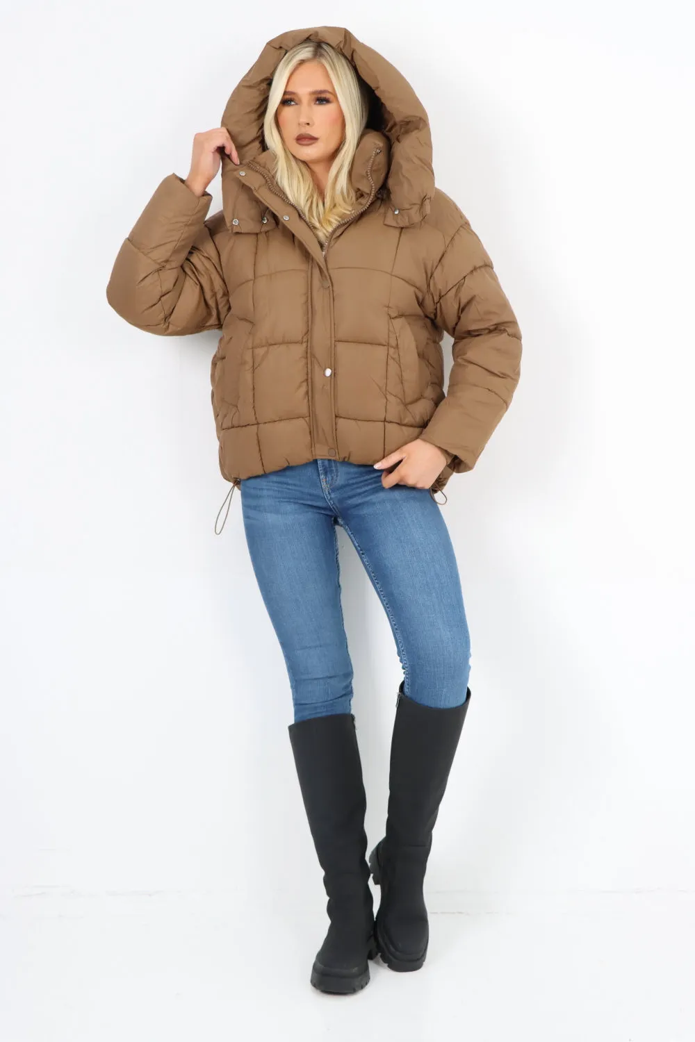 Side Pocket Padded Hooded Long Sleeve Short Jacket