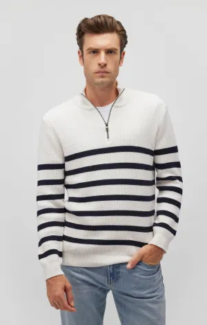 STRIPED QUARTER ZIP SWEATER IN ANTIQUE WHITE