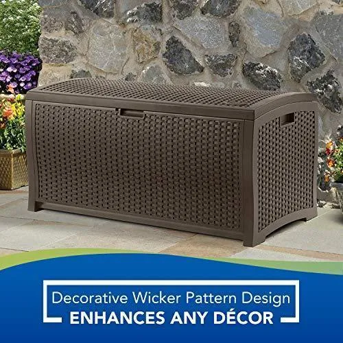 Suncast 99 Gallon Resin Wicker Patio Outdoor Storage Container for Toys, Furniture Deck box, Mocha