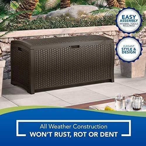 Suncast 99 Gallon Resin Wicker Patio Outdoor Storage Container for Toys, Furniture Deck box, Mocha