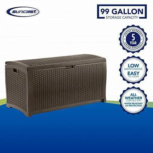 Suncast 99 Gallon Resin Wicker Patio Outdoor Storage Container for Toys, Furniture Deck box, Mocha