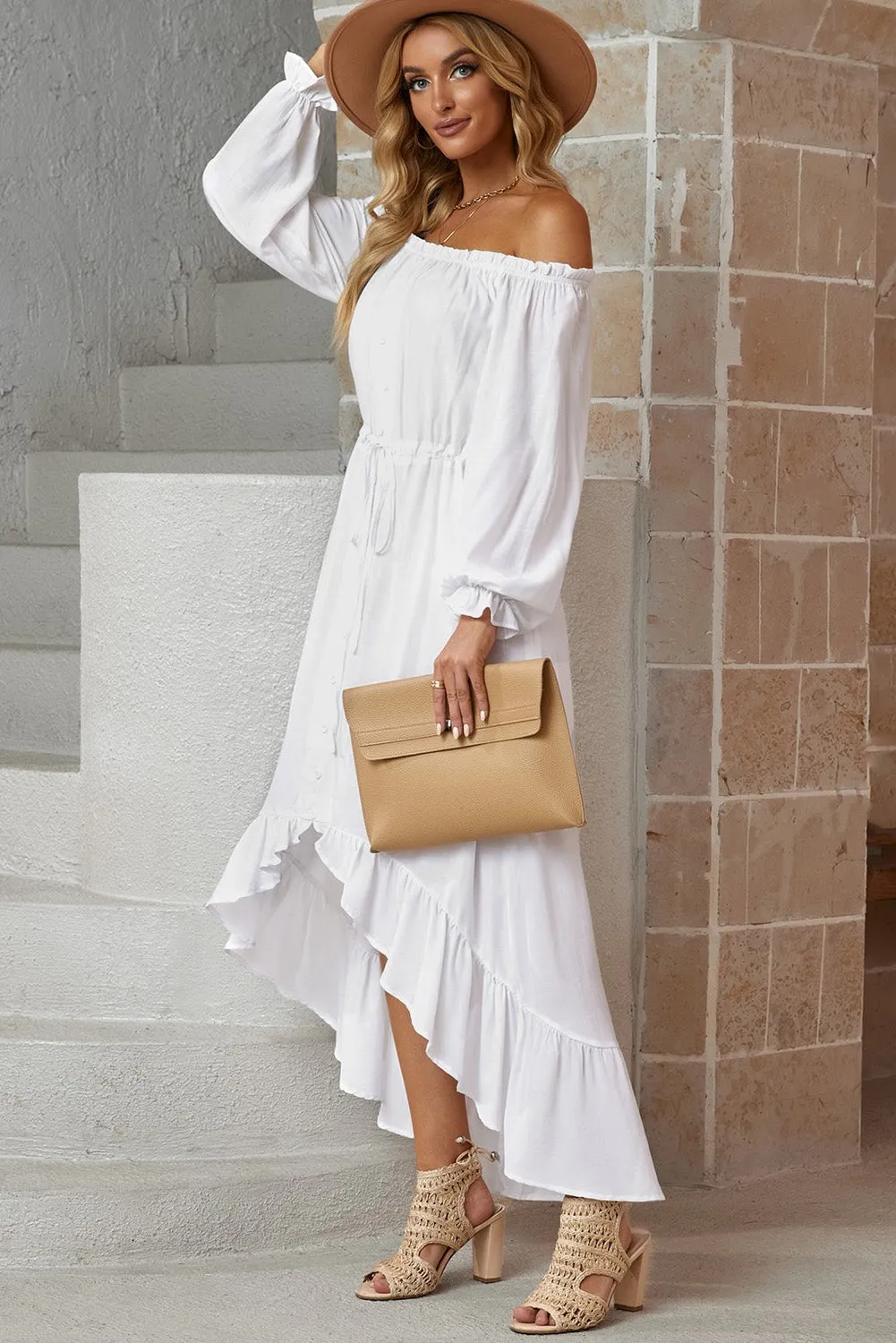 White Boho Ruffle Maxi Dress