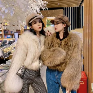 Women's fur coat elegant sexy high street clothing new short fox raccoon fur trumpet sleeve fashion western Retro thick jacket