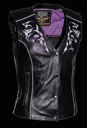 WOMEN'S MOTORCYCLE RIDING PURPLELEATHER VEST W/REFLECTIVE TRIBAL DESIGN & PIPING