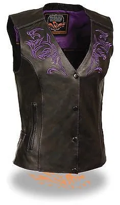 WOMEN'S MOTORCYCLE RIDING PURPLELEATHER VEST W/REFLECTIVE TRIBAL DESIGN & PIPING